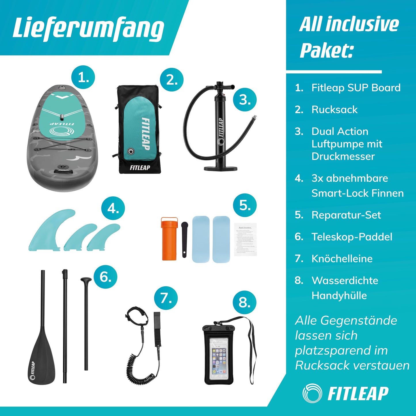 Fitleap Aufblasbares Premium SUP Board – Set mit Pumpe, verstellbarem Paddel & Rucksack – Für Anfänger & Profis, Yoga & Wassersport