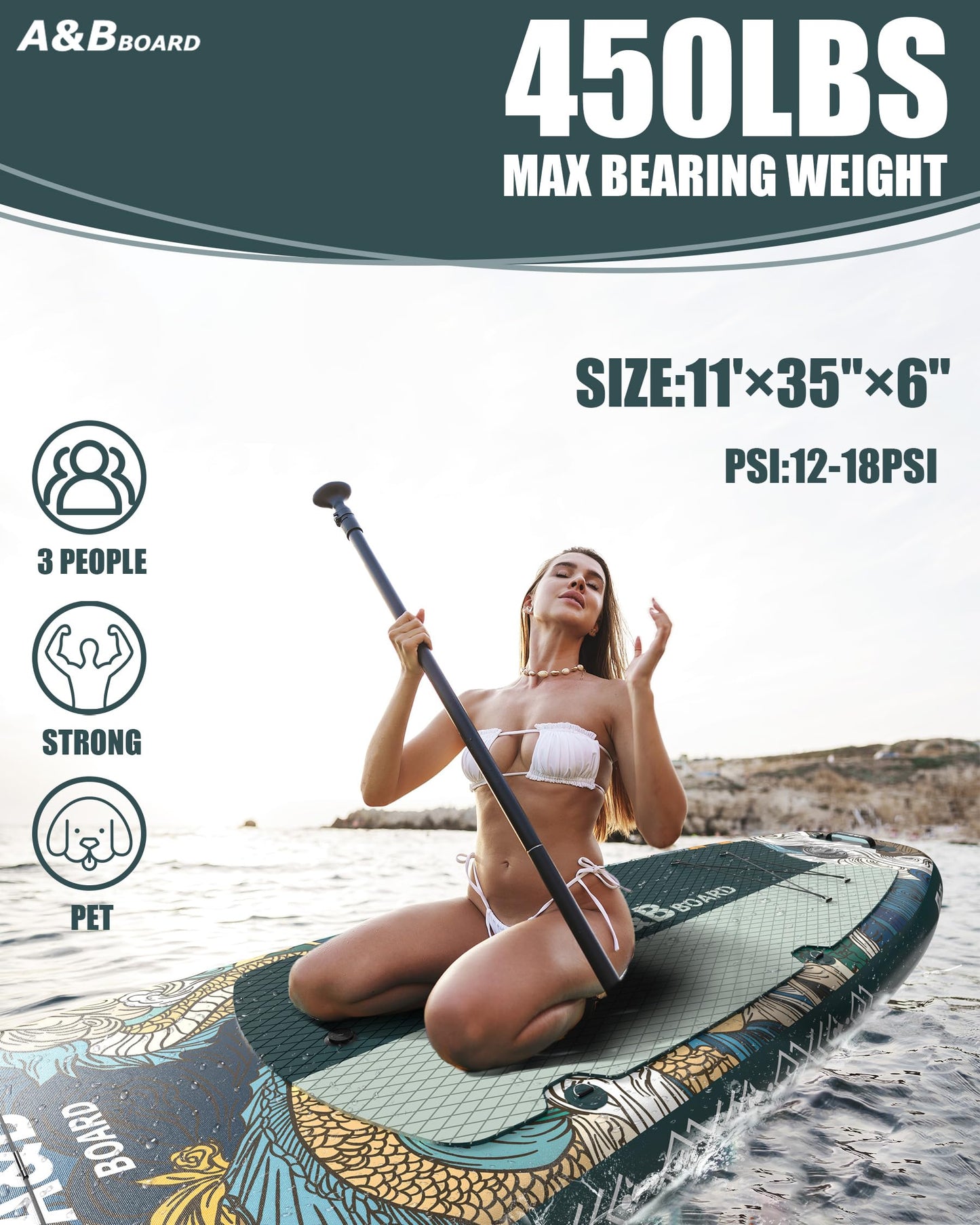 A&BBOARD 335x88cm Aufblasbares SUP mit Zubehör – Pumpe, Rucksack, Paddel – Stabiles Paddleboard für alle Könnensstufen