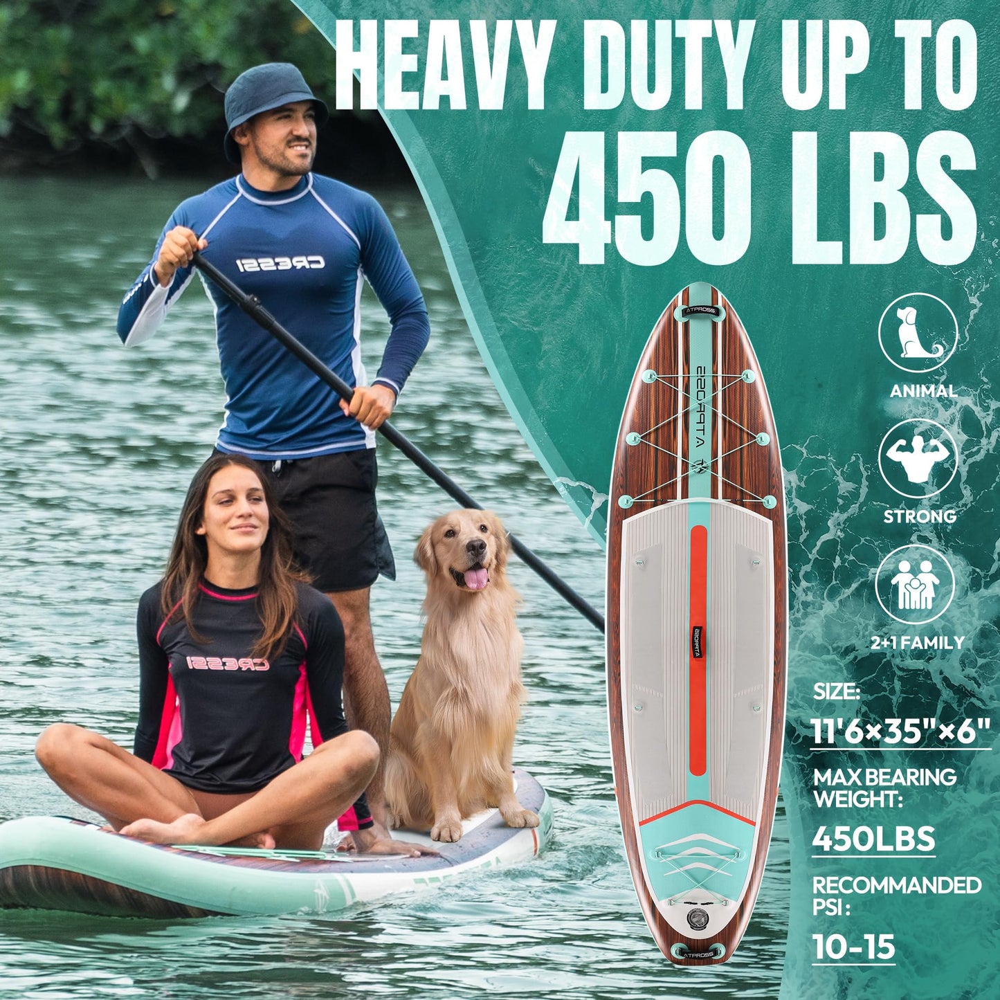 ATPROSS 350x89x15cm Aufblasbares SUP – 200kg Tragkraft, Extra Breit, rutschfest, inkl. Zubehör & Rucksack – Für Yoga, Angeln, Surfen