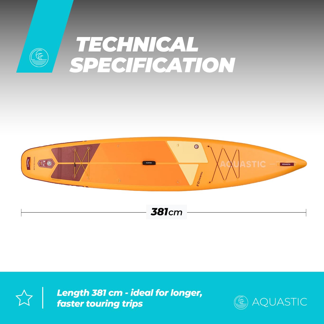 AQUASTIC Touring 12'6″ SUP Board aufblasbar – 381×76×15 cm, 165 kg Tragkraft, leicht & steif dank Drop Stitch Lite+ & PVC (2600 g/m²)
