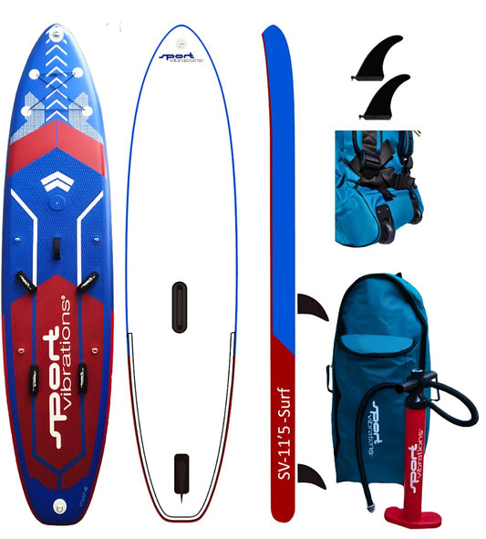 Sport Vibrations® SV-11'5" SUP Board – Surf, Windsurf, Wing & Kajak-Funktion, 4 Fußschlaufen, Gleitkante, Woven-Fusion Double Layer
