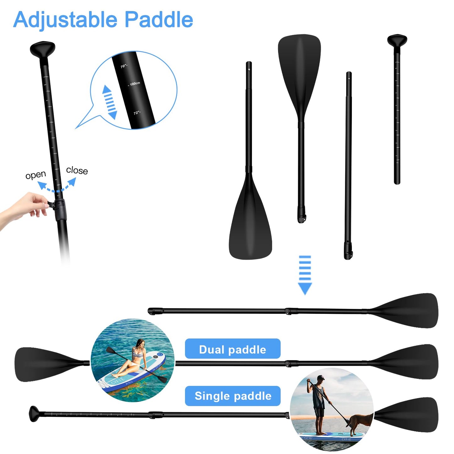 CYFIE Aufblasbares SUP Board 320×81×15 cm – mit Sitz, Paddel, Kamera-Halter, Pumpe & Zubehör – Für Erwachsene & Anfänger, 150 kg Tragkraft