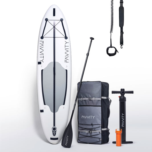 FAVVITY Aufblasbares SUP Board – Ultraleicht, 150kg Allrounder, Halb-Carbon, 7 Jahre Garantie, inkl. Zubehör