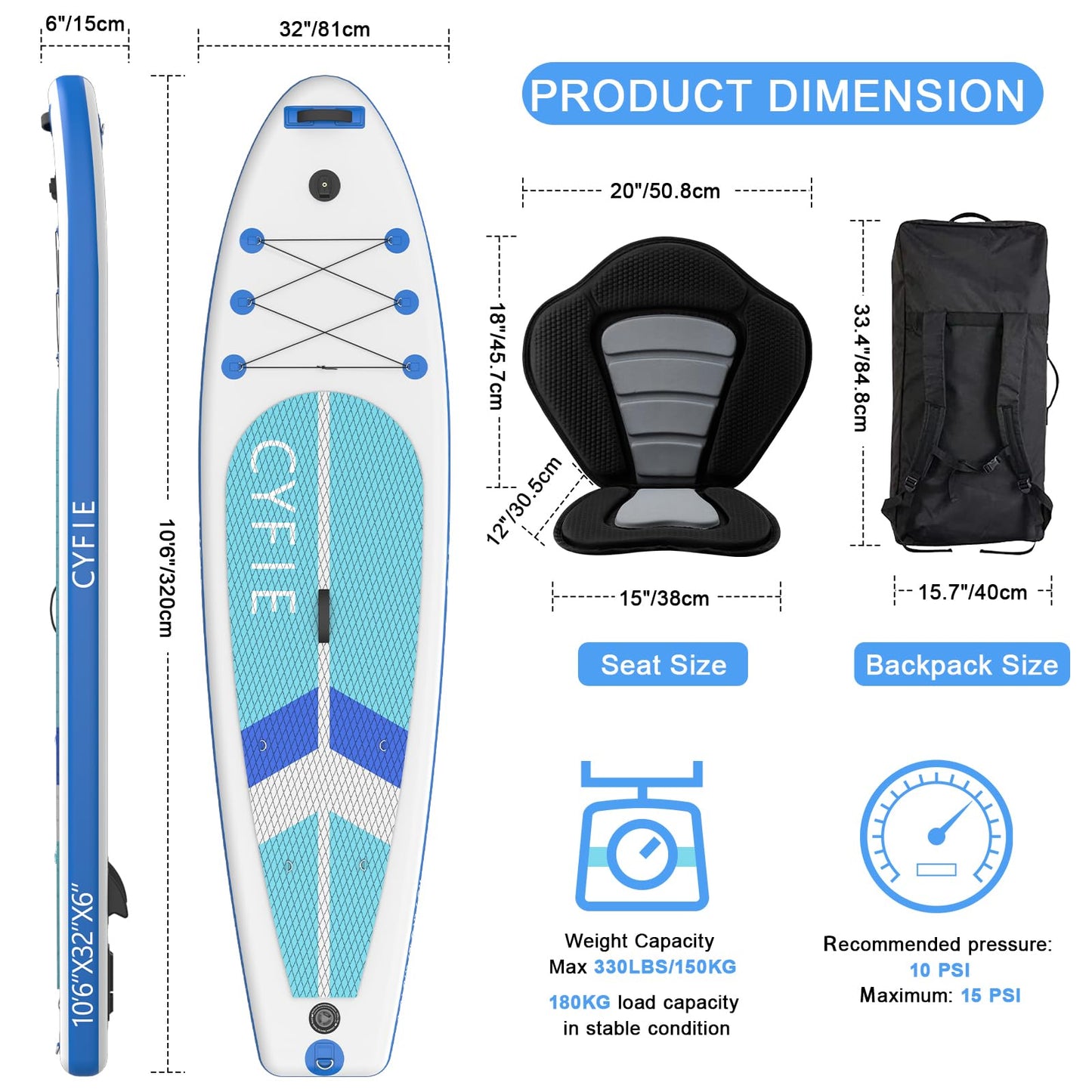 CYFIE Aufblasbares SUP Board 320×81×15 cm – mit Sitz, Paddel, Kamera-Halter, Pumpe & Zubehör – Für Erwachsene & Anfänger, 150 kg Tragkraft