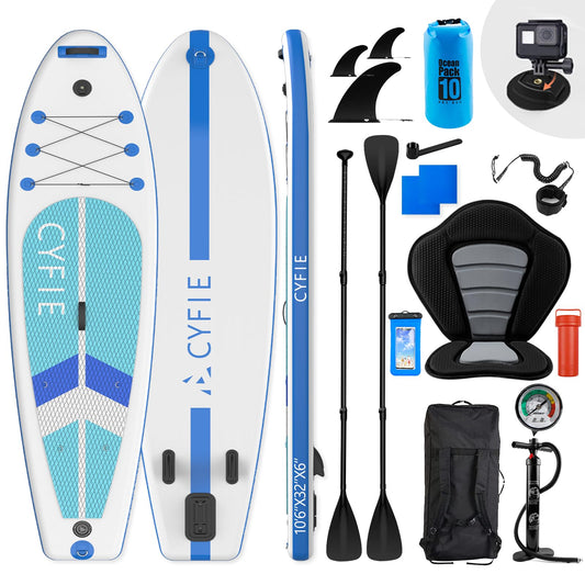 CYFIE Aufblasbares SUP Board 320×81×15 cm – mit Sitz, Paddel, Kamera-Halter, Pumpe & Zubehör – Für Erwachsene & Anfänger, 150 kg Tragkraft