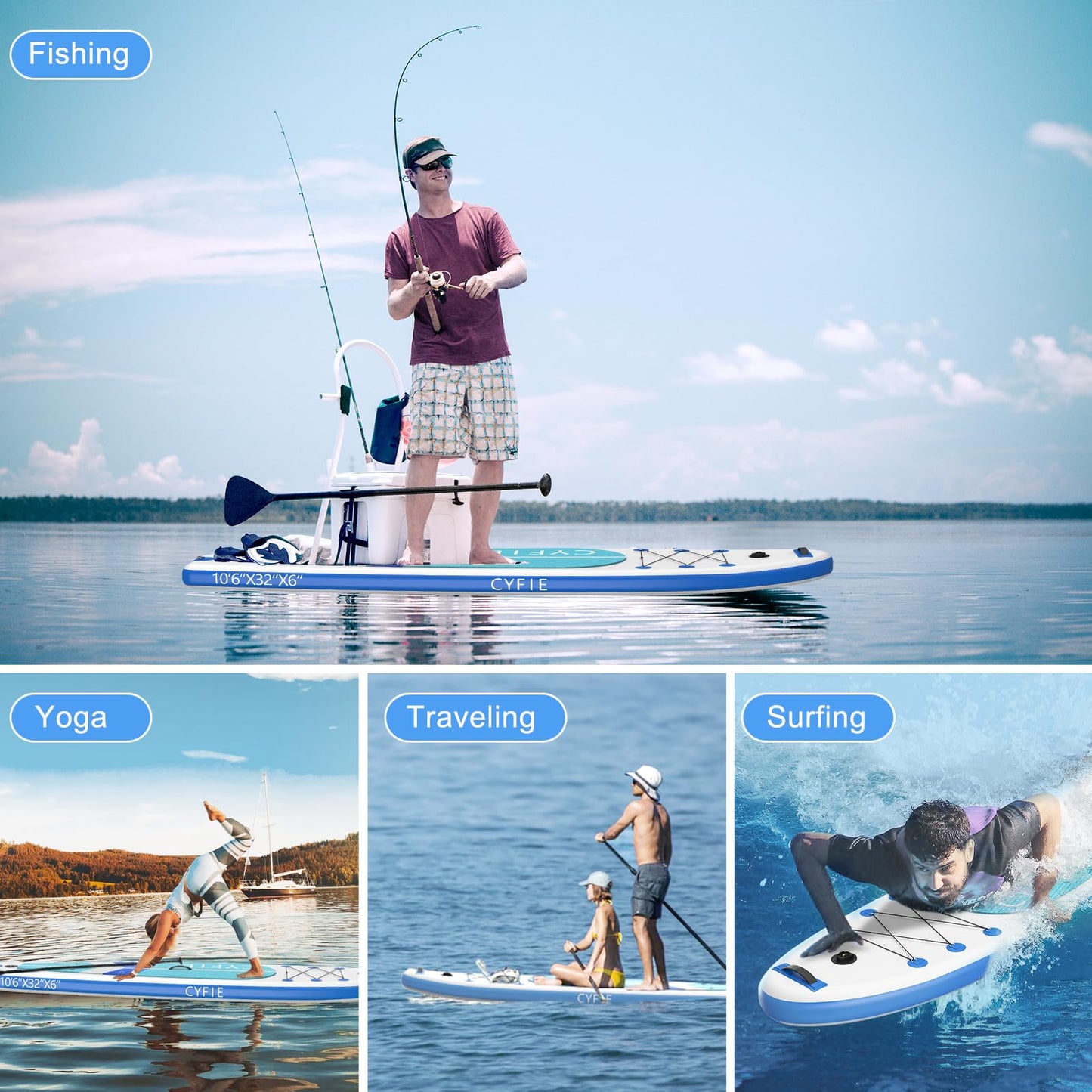 CYFIE Aufblasbares SUP Board 320×81×15 cm – mit Sitz, Paddel, Kamera-Halter, Pumpe & Zubehör – Für Erwachsene & Anfänger, 150 kg Tragkraft