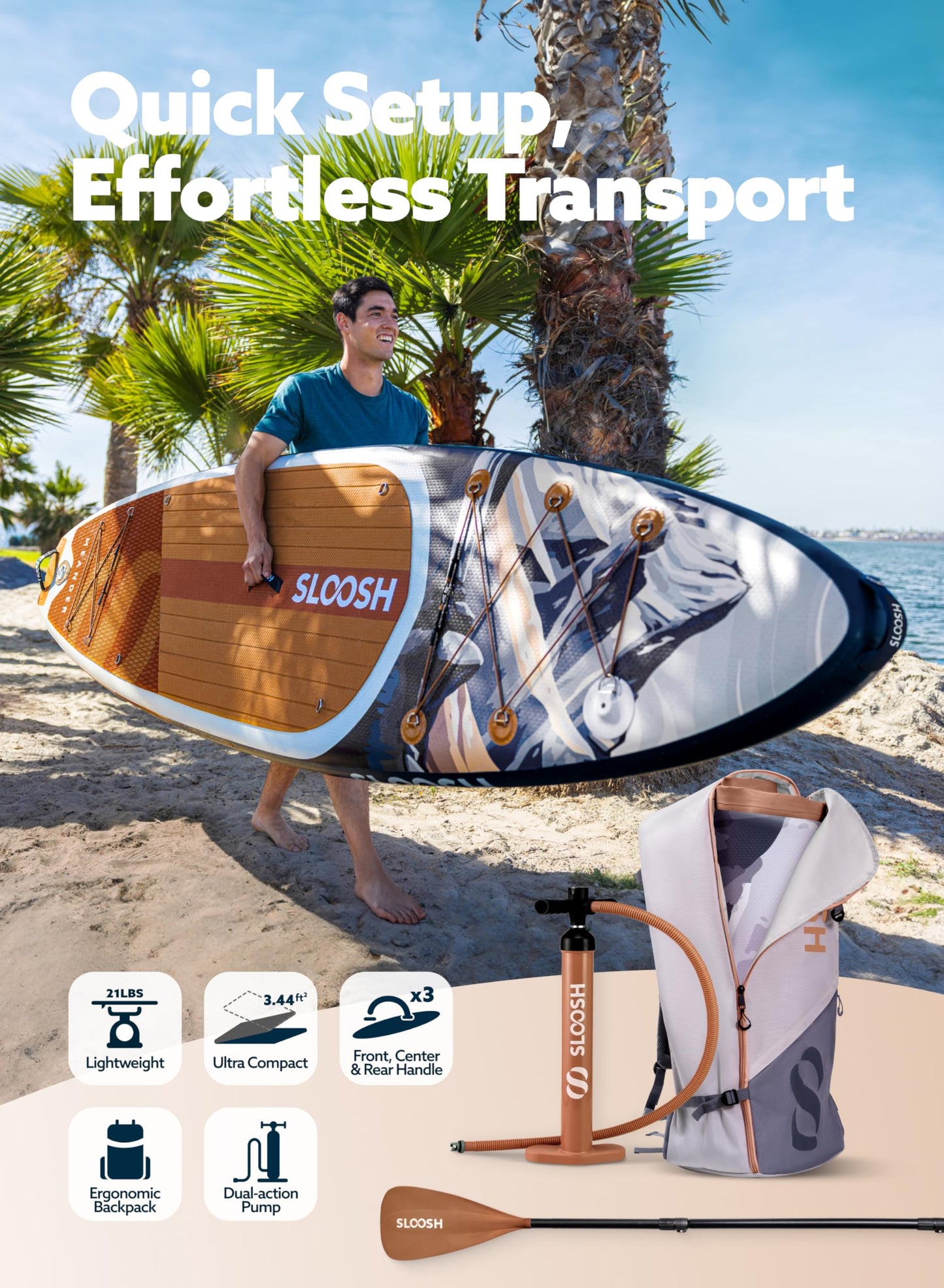 SLOOSH 10'6" Aufblasbares SUP Board – rutschfestes Deck, ultraleichte Tasche, Pumpe & Zubehör – Für Jugendliche & Erwachsene