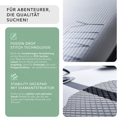 FAVVITY Aufblasbares SUP Board – Ultraleicht, 150kg Allrounder, Halb-Carbon, 7 Jahre Garantie, inkl. Zubehör