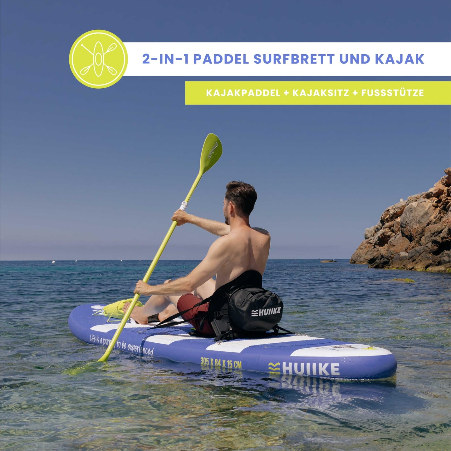HUIIKE Aufblasbares SUP Board 305×84×15 cm – inkl. Paddel, Finnen & Pumpe – Hohe Stabilität, bis 130 kg belastbar