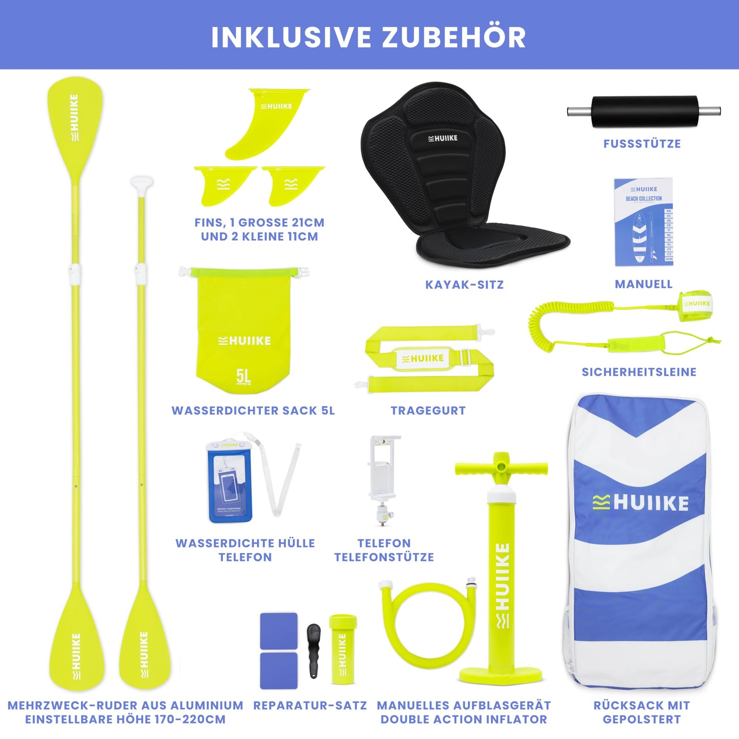 HUIIKE Aufblasbares SUP Board 305×84×15 cm – inkl. Paddel, Finnen & Pumpe – Hohe Stabilität, bis 130 kg belastbar