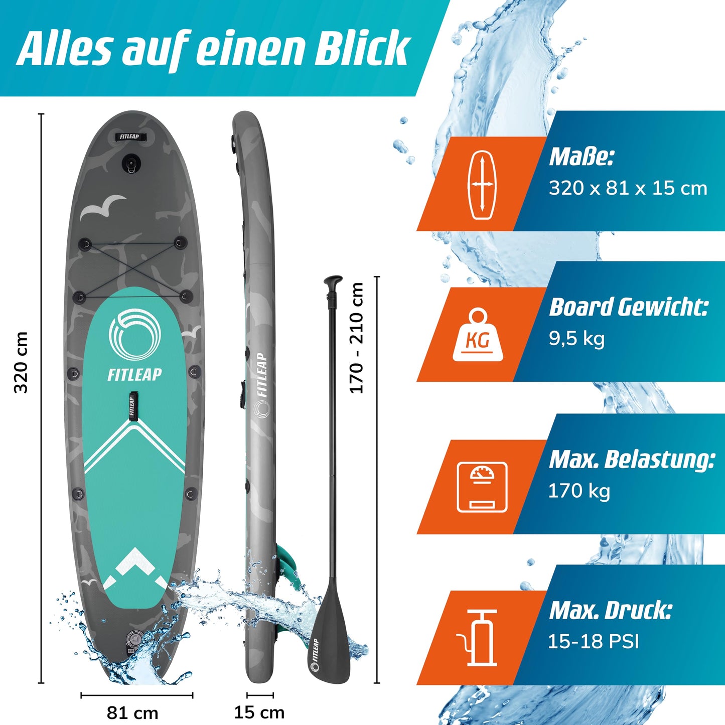 Fitleap Aufblasbares Premium SUP Board – Set mit Pumpe, verstellbarem Paddel & Rucksack – Für Anfänger & Profis, Yoga & Wassersport