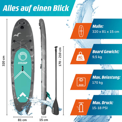 Fitleap Aufblasbares Premium SUP Board – Set mit Pumpe, verstellbarem Paddel & Rucksack – Für Anfänger & Profis, Yoga & Wassersport