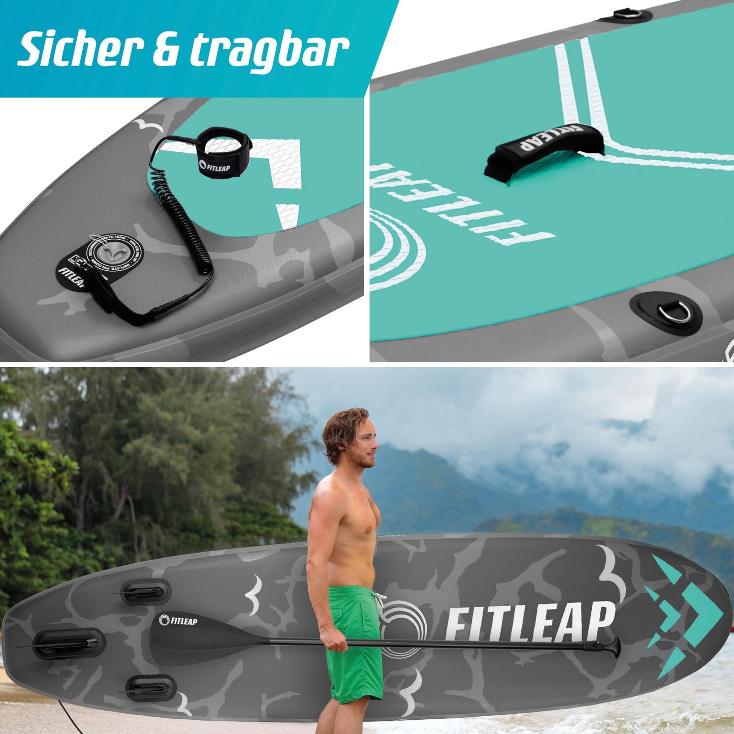 Fitleap Aufblasbares Premium SUP Board – Set mit Pumpe, verstellbarem Paddel & Rucksack – Für Anfänger & Profis, Yoga & Wassersport