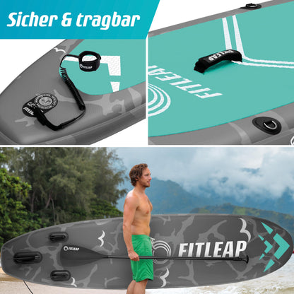 Fitleap Aufblasbares Premium SUP Board – Set mit Pumpe, verstellbarem Paddel & Rucksack – Für Anfänger & Profis, Yoga & Wassersport