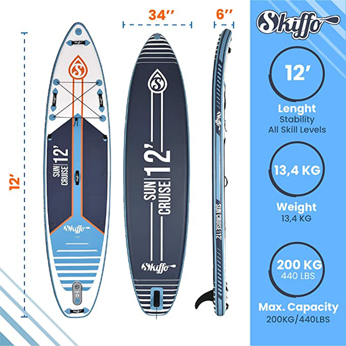 Skiffo PB-SSC120C aufblasbares SUP Stand Up Paddle, Sun Cruise 384 l, 365 x 86 x 15 cm