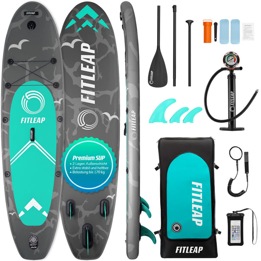 Fitleap Aufblasbares Premium SUP Board – Set mit Pumpe, verstellbarem Paddel & Rucksack – Für Anfänger & Profis, Yoga & Wassersport