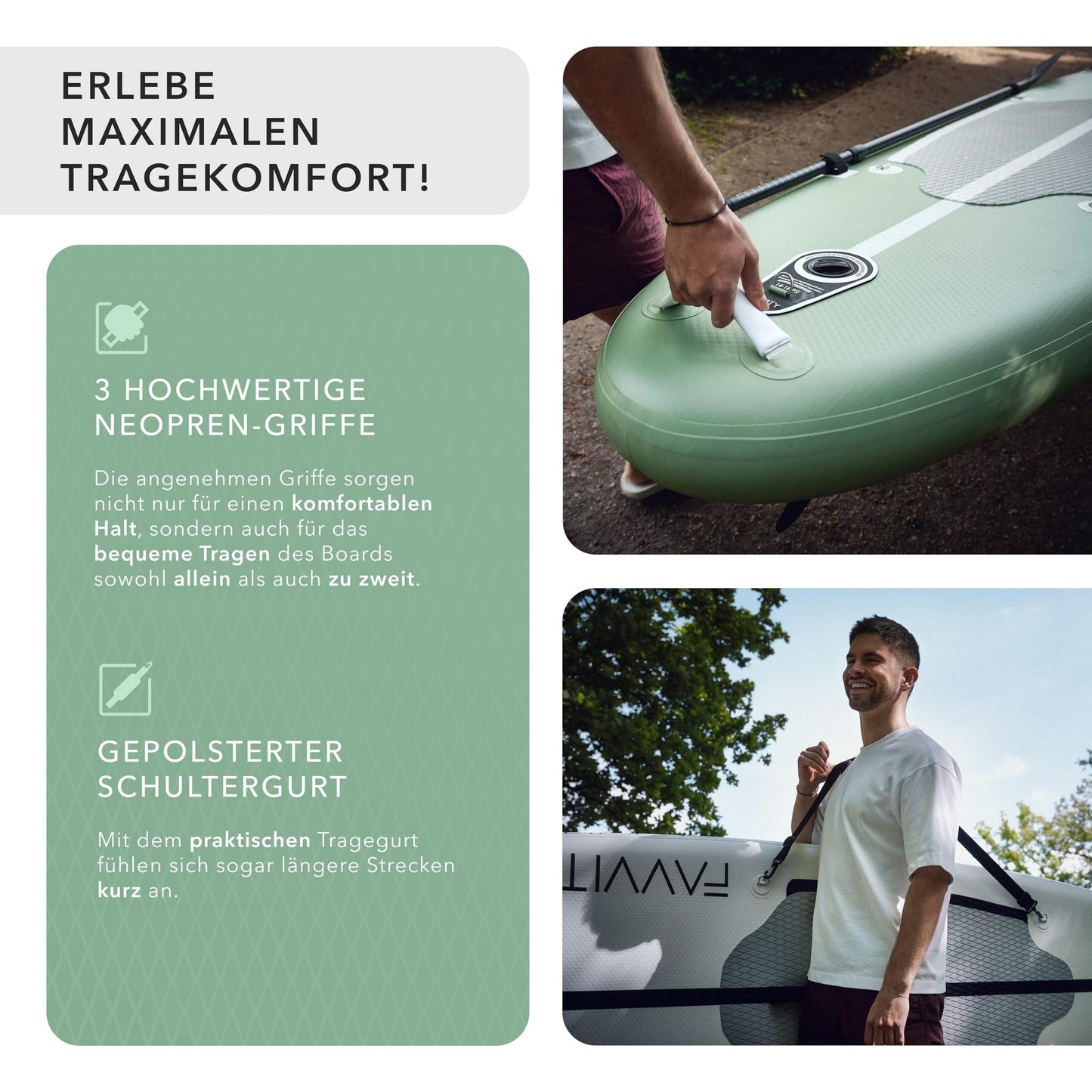 FAVVITY Aufblasbares SUP Board – Ultraleicht, 150kg Allrounder, Halb-Carbon, 7 Jahre Garantie, inkl. Zubehör