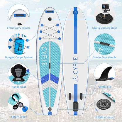 CYFIE Aufblasbares SUP Board 320×81×15 cm – mit Sitz, Paddel, Kamera-Halter, Pumpe & Zubehör – Für Erwachsene & Anfänger, 150 kg Tragkraft