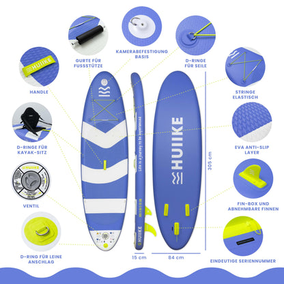 HUIIKE Aufblasbares SUP Board 305×84×15 cm – inkl. Paddel, Finnen & Pumpe – Hohe Stabilität, bis 130 kg belastbar