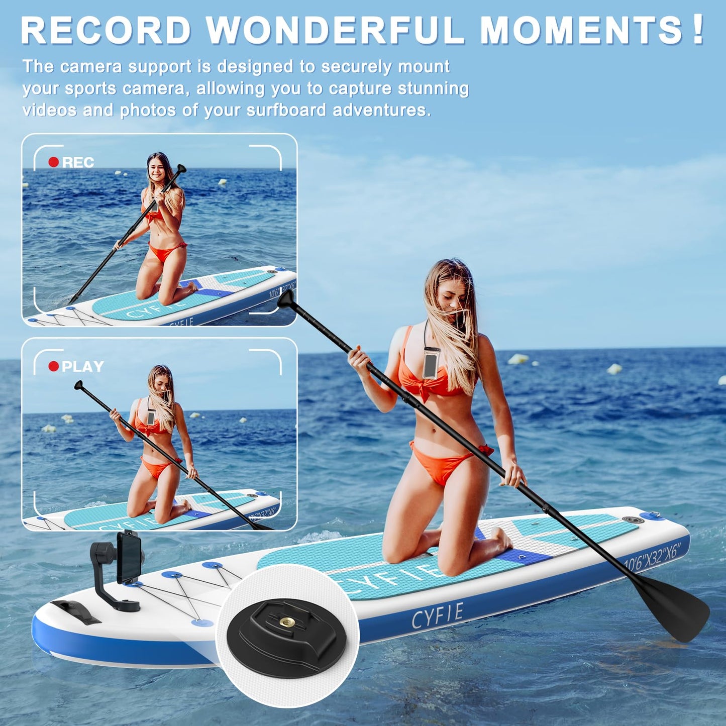 CYFIE Aufblasbares SUP Board 320×81×15 cm – mit Sitz, Paddel, Kamera-Halter, Pumpe & Zubehör – Für Erwachsene & Anfänger, 150 kg Tragkraft