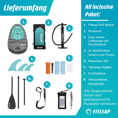 Fitleap Aufblasbares Premium SUP Board – Set mit Pumpe, verstellbarem Paddel & Rucksack – Für Anfänger & Profis, Yoga & Wassersport