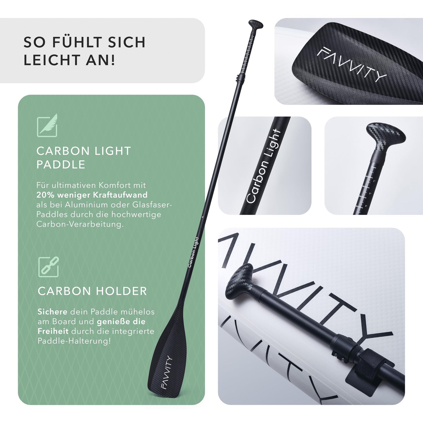FAVVITY Aufblasbares SUP Board – Ultraleicht, 150kg Allrounder, Halb-Carbon, 7 Jahre Garantie, inkl. Zubehör
