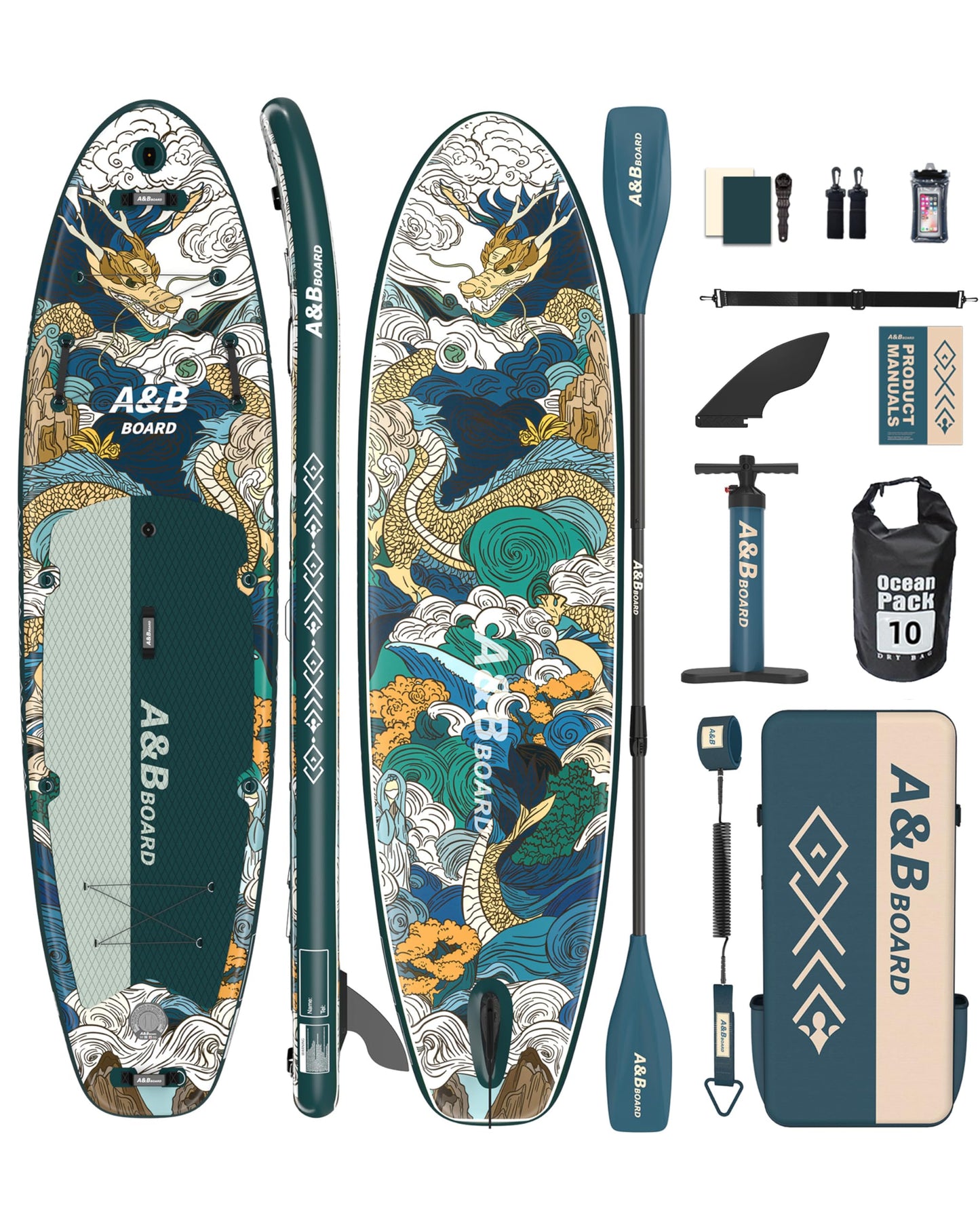 A&BBOARD 335x88cm Aufblasbares SUP mit Zubehör – Pumpe, Rucksack, Paddel – Stabiles Paddleboard für alle Könnensstufen