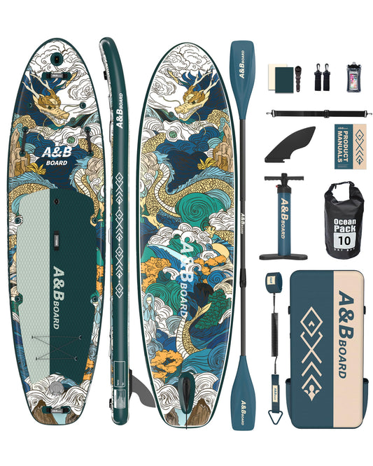 A&BBOARD 335x88cm Aufblasbares SUP mit Zubehör – Pumpe, Rucksack, Paddel – Stabiles Paddleboard für alle Könnensstufen